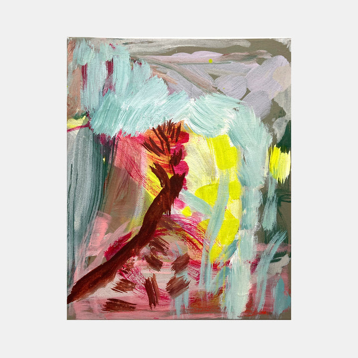The artwork 'Into the Garden' by Molly Herman features vibrant brushstrokes in aqua, burgundy, and yellow creating an abstract landscape. Dynamic gestural marks and layered pigments in oil and water-based media on linen suggest organic forms and botanical movement. The painterly composition combines soft mint tones with bold splashes of warm colors.