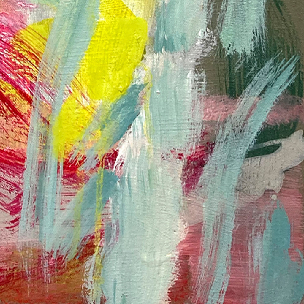 The artwork 'Into the Garden' by Molly Herman features dynamic brushstrokes in vibrant yellow, coral pink, and seafoam green hues on linen canvas. Abstract expressionist composition with sweeping gestural marks creates a sense of movement, suggesting natural forms through layered oil and water-based pigments.