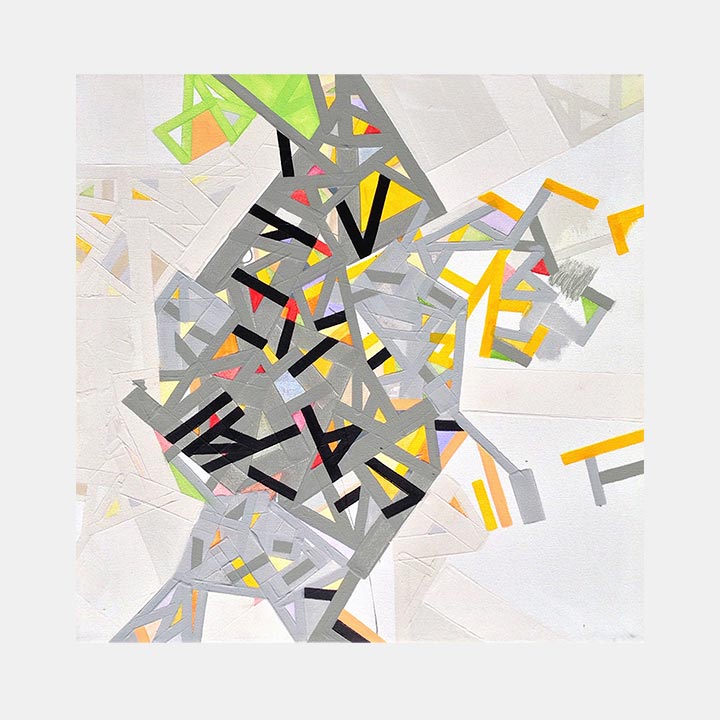 The artwork 'Ioestt' by Philippe Halaburda features abstract geometric shapes in a dynamic composition. Gray angular forms dominate the center, accented with vibrant yellow, orange, and lime green elements. Black linear marks intersect throughout, creating a sense of movement against a white background. Mixed media artwork combining acrylic paint and felt tip markers on canvas by Philippe Halaburda.