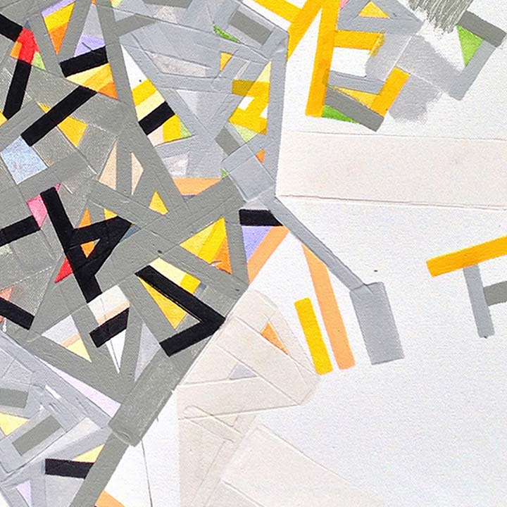 The artwork 'Ioestt' by Philippe Halaburda features dynamic geometric abstraction with bold black lines intersecting vibrant yellow, orange, and pink triangular shapes on a grey and white background. Created with acrylic and felt-tip markers on canvas, the composition displays angular patterns with a modern, urban aesthetic. By Philippe Halaburda.