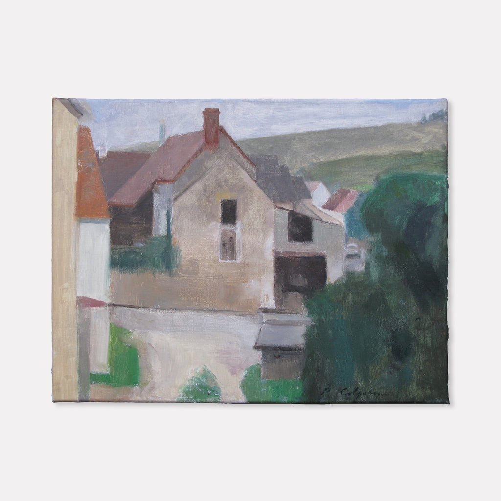 The artwork 'Irancy Farm House' by Peter Colquhoun depicts a rustic farmhouse scene with muted beige and cream buildings featuring red-tiled roofs, set against rolling green hills and a soft blue sky. The oil on linen painting captures the quiet rural atmosphere through loose brushstrokes and gentle tonal variations, creating a serene countryside composition.