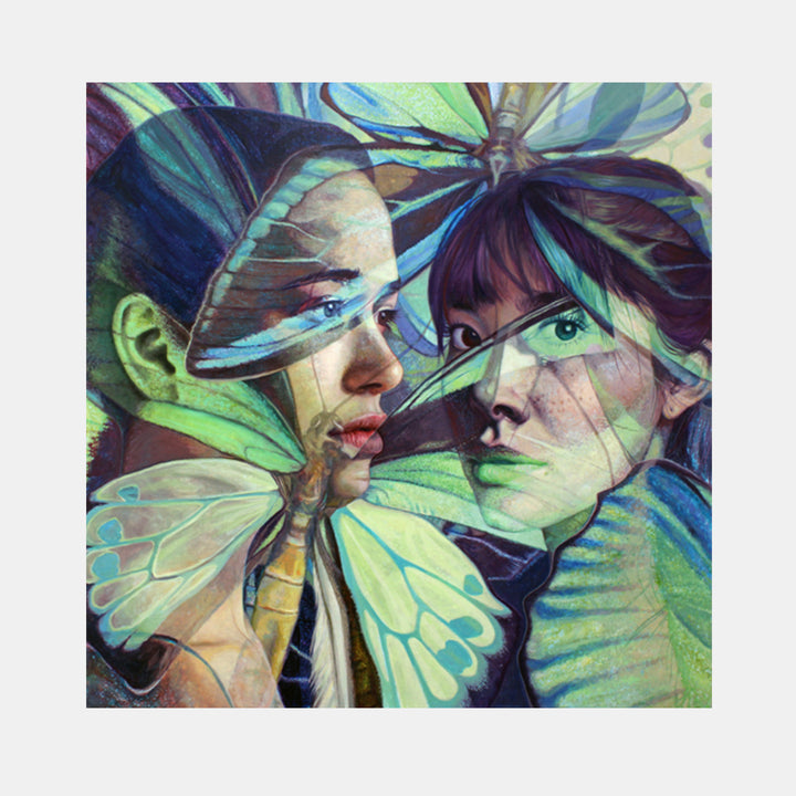 The artwork 'Iridescence' features ethereal butterfly wings in luminous shades of mint green, turquoise, and deep navy blue. The painting showcases delicate wing patterns with translucent veining, creating a dreamlike overlay effect. Oil on canvas, the 36x36 inch artwork displays a mesmerizing interplay of light and shadow, highlighting the iridescent quality of butterfly wings. By Elody Gyekis.