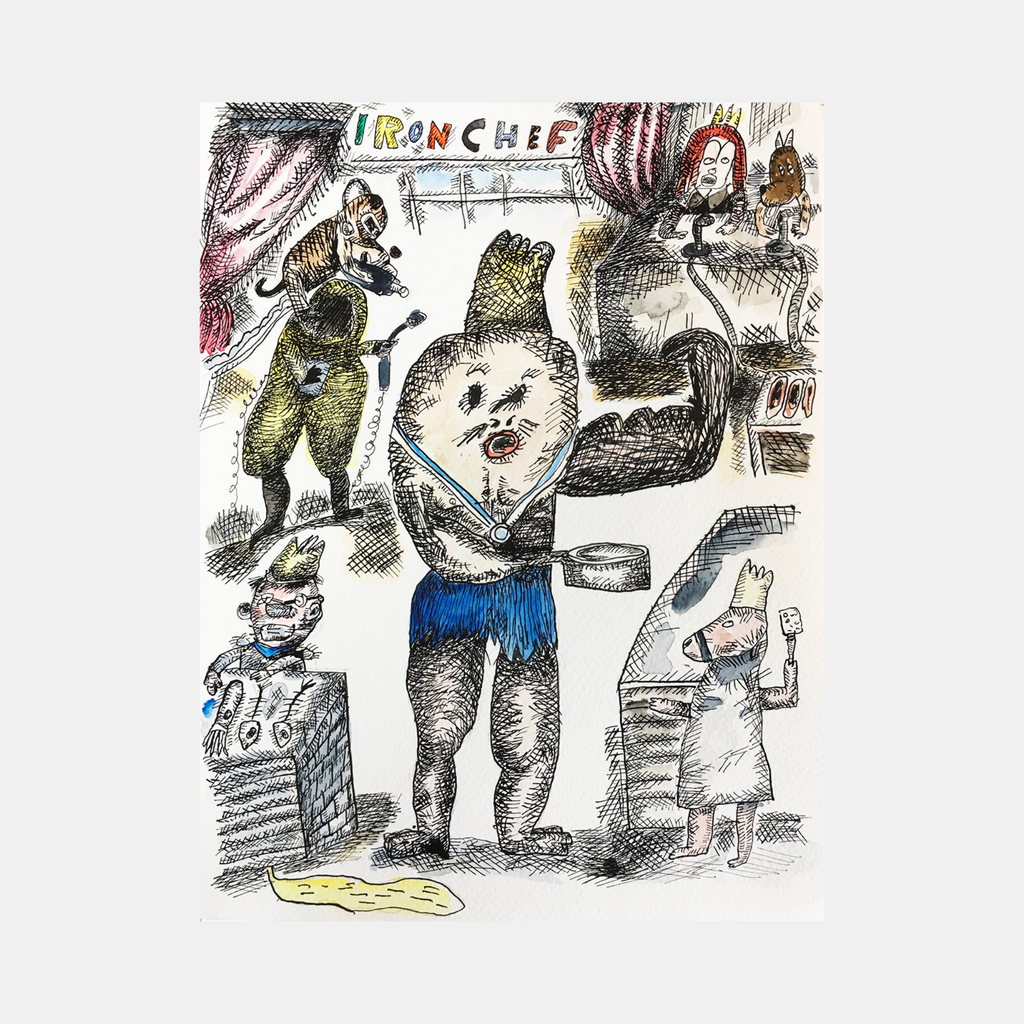 The artwork 'Iron Chef' by Andrew Chan features whimsical ink and watercolor illustrations depicting cartoon-style kitchen characters in action. A central figure stands triumphantly in blue and black attire, surrounded by cooking implements and fellow chef figures. The sketch-like style combines detailed linework with splashes of color, particularly blue, green, and subtle red tones, creating a playful culinary scene.