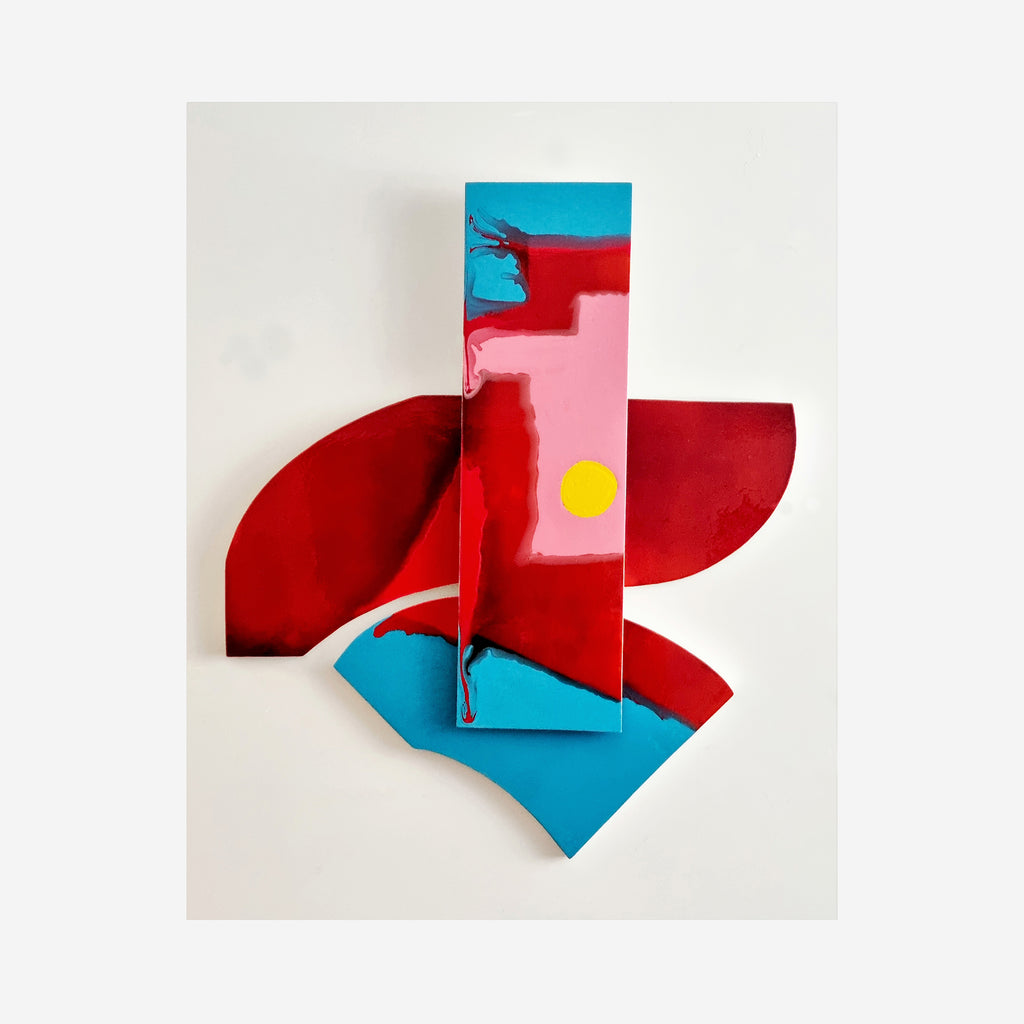 The artwork 'Is It Real or Am I Dreaming 5' by Sabrina Puppin features bold geometric shapes in vibrant red and turquoise blue, with a small yellow circular accent. The composition displays a dynamic interplay of curved and angular forms, created with synthetic glazes on wood, showcasing a glossy, reflective surface that creates depth and movement, 40x40 inches. By Sabrina Puppin.