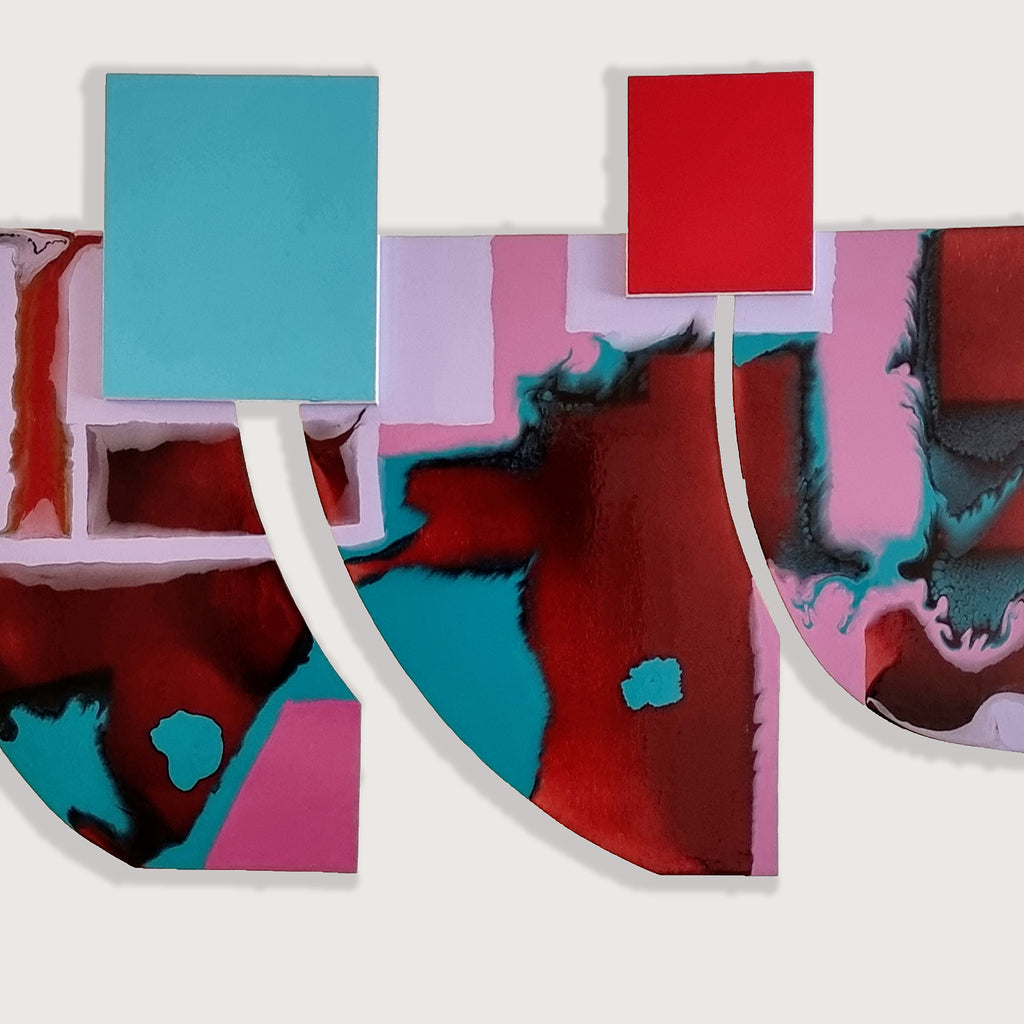 The artwork 'Is It Real or Am I Dreaming 6' by Sabrina Puppin features a dynamic abstract composition on wood with synthetic glazes. Geometric shapes in turquoise, red, and pink create a striking contrast, with fluid transitions and bold color blocks. The design combines angular forms with organic flowing elements, showcasing a modern aesthetic with glossy finish by Sabrina Puppin.
