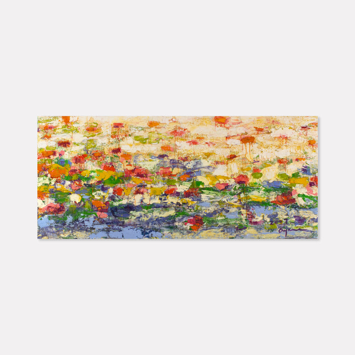 The artwork 'Island of Allurement' by Ayane Kurai features a vibrant abstract landscape with impressionistic brushstrokes. A colorful field of flowers emerges through textured layers of oil paint, blending reds, yellows, blues, and greens against a warm cream horizon. The composition creates a dreamy, atmospheric effect with spontaneous paint drips and expressive palette knife work on canvas.
