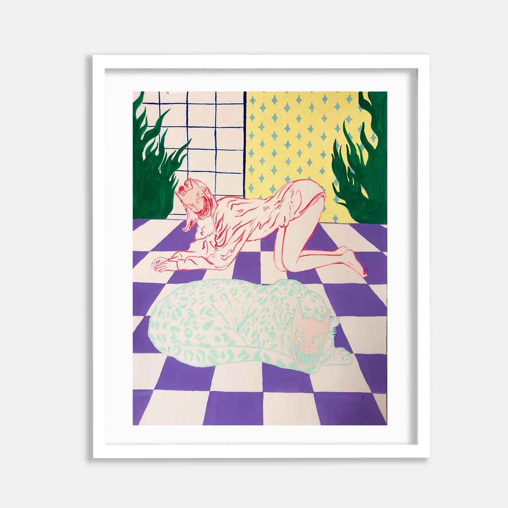 The artwork 'Isolated Play' features a stylized figure on a purple and white checkered floor. A mint-patterned circular form lies beneath. The scene includes green foliage elements against a yellow patterned wall with grid-like accents. Rendered in gouache with a contemporary illustration style by Eriko Hattori.
