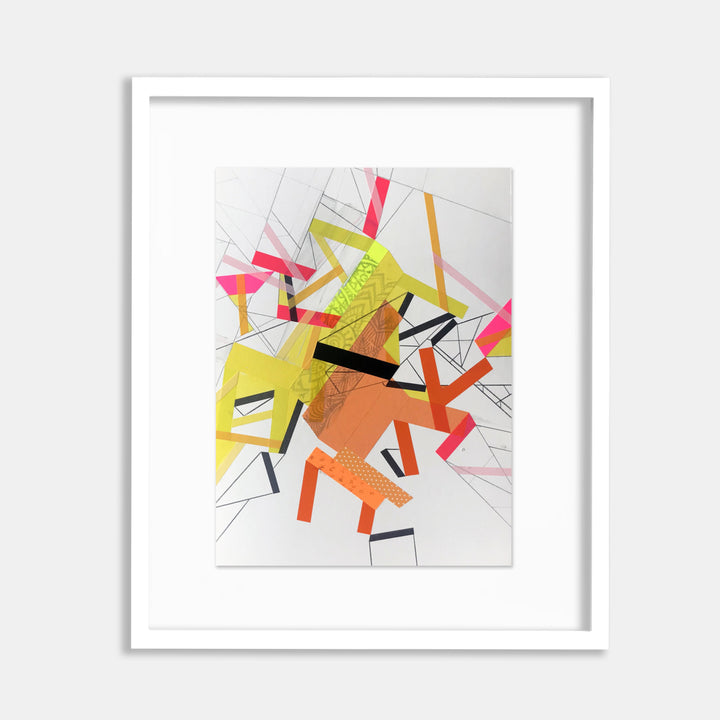 The artwork 'Isolla Paaradox 11' by Philippe Halaburda features dynamic geometric abstract shapes in vibrant neon pink, yellow, and orange against a white background. Bold black lines intersect with angular forms, creating a sense of movement and energy. Mixed media artwork combining acrylic paint and felt tip markers on stretched canvas.
