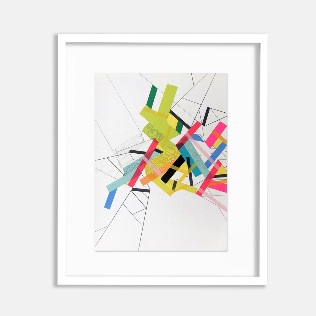 The artwork 'Isolla Paaradox 13' by Philippe Halaburda features dynamic geometric abstract shapes in vibrant colors including neon pink, lime green, turquoise, and yellow, intersecting with bold black lines on white canvas. The composition creates an energetic, modern design combining acrylic paint and felt tip markers in a minimalist style.
