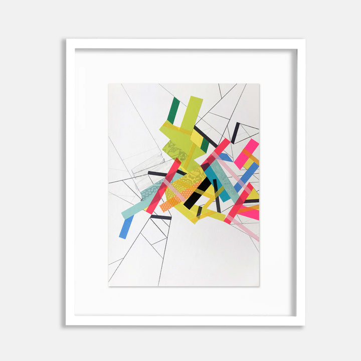 The artwork 'Isolla Paaradox 13' by Philippe Halaburda features dynamic geometric abstract shapes in vibrant colors including neon pink, lime green, turquoise, and yellow, intersecting with bold black lines on white canvas. The composition creates an energetic, modern design combining acrylic paint and felt tip markers in a minimalist style.
