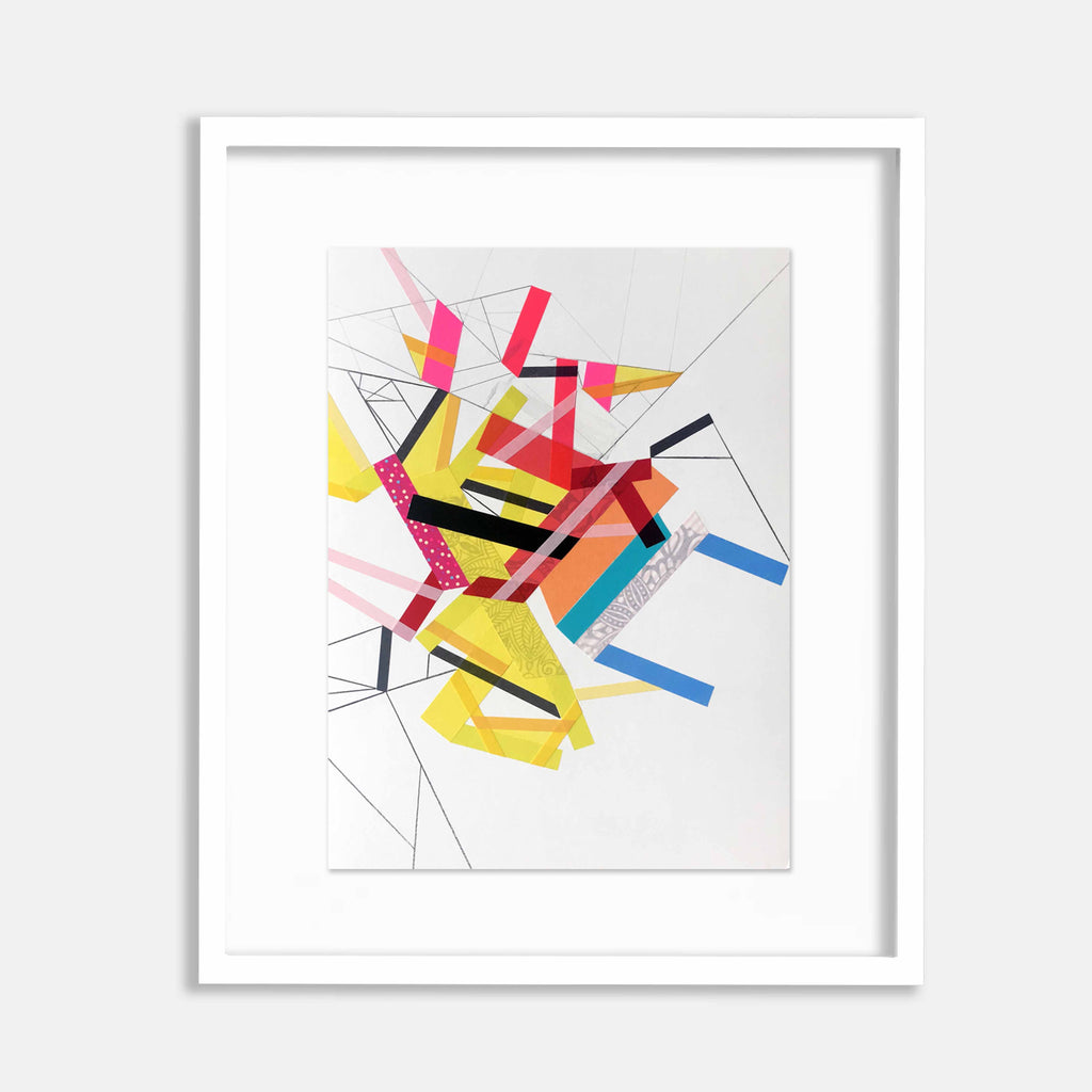 The artwork 'Isolla Paaradox 15' by Philippe Halaburda features dynamic abstract geometric shapes in vibrant yellow, pink, and blue hues against a white background. Sharp angular lines intersect with bold colorful forms, creating a striking contemporary composition. Black linear elements add contrast and structure to the 15x11 inch modern geometric artwork.