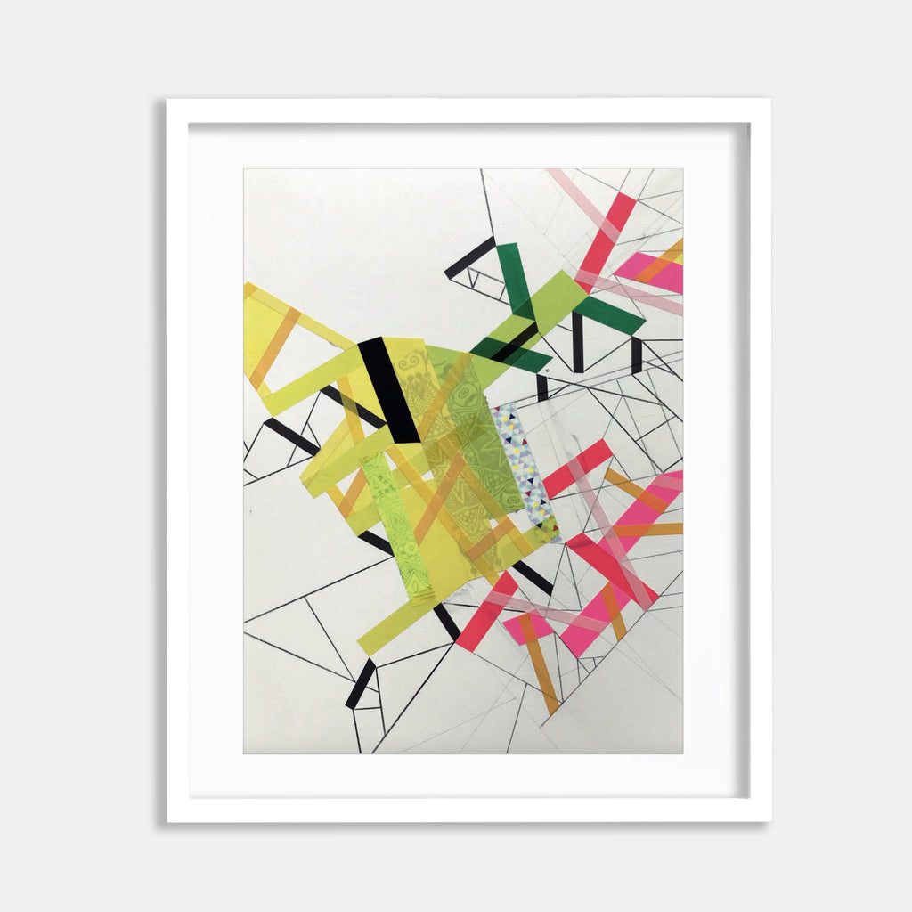 The artwork 'Isolla Paaradox 2' by Philippe Halaburda features dynamic geometric abstractions with bold color tape strips in yellow, green, pink, and black against a white background. Angular black lines create a fractured composition, while translucent acrylic adds depth and texture. The piece combines sharp geometric shapes with playful color blocking.