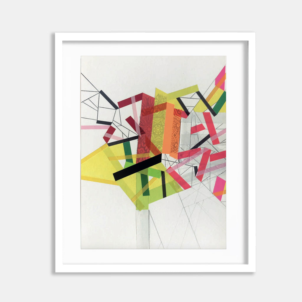 The artwork 'Isolla Paaradox 3' by Philippe Halaburda features dynamic geometric abstraction combining vibrant yellow, pink, and green shapes intersecting with bold black lines. Angular forms and translucent color tape create depth and movement across white paper, showcasing a modernist approach to composition with acrylic medium.