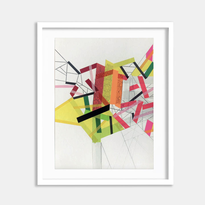 The artwork 'Isolla Paaradox 3' by Philippe Halaburda features dynamic geometric abstraction combining vibrant yellow, pink, and green shapes intersecting with bold black lines. Angular forms and translucent color tape create depth and movement across white paper, showcasing a modernist approach to composition with acrylic medium.