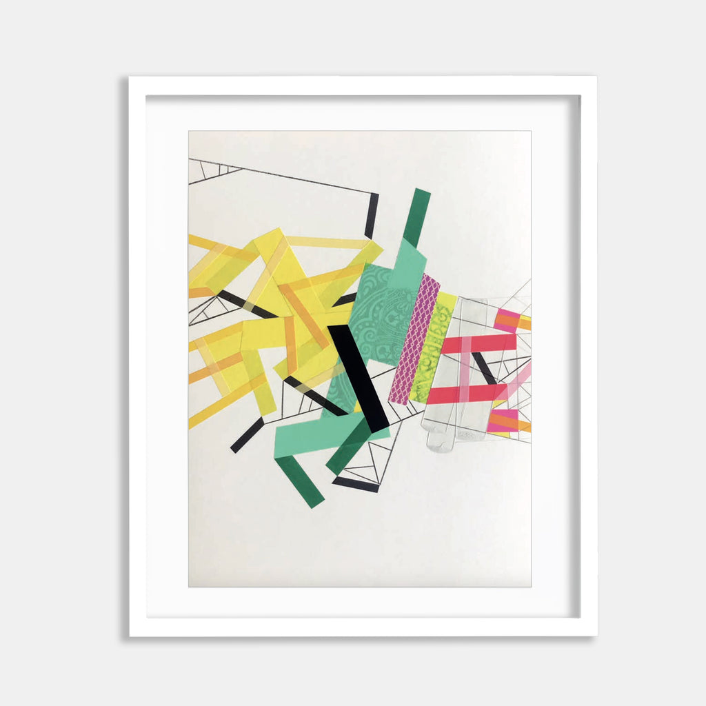 The artwork 'Isolla Paaradox 4' by Philippe Halaburda features dynamic geometric shapes in vibrant yellow, mint green, and coral pink arranged in an abstract composition. Black angular lines intersect with colorful tape elements, creating a modernist collage effect against white paper. The distinctive textured pattern on the green strip adds depth to this minimalist artwork.