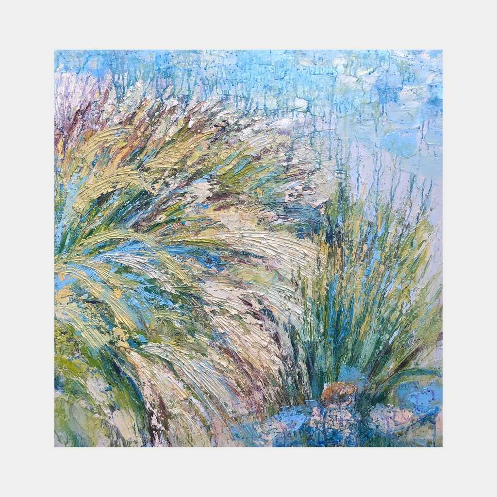 The artwork 'Italian Breeze' by Ayane Kurai captures swaying coastal grass in impressionistic style, featuring dynamic brushstrokes of turquoise, gold, and lavender against a vibrant blue sky. The oil painting's textured surface creates movement, suggesting Mediterranean winds through beach grass on a summer day, painted in rich impasto technique on canvas by Ayane Kurai.