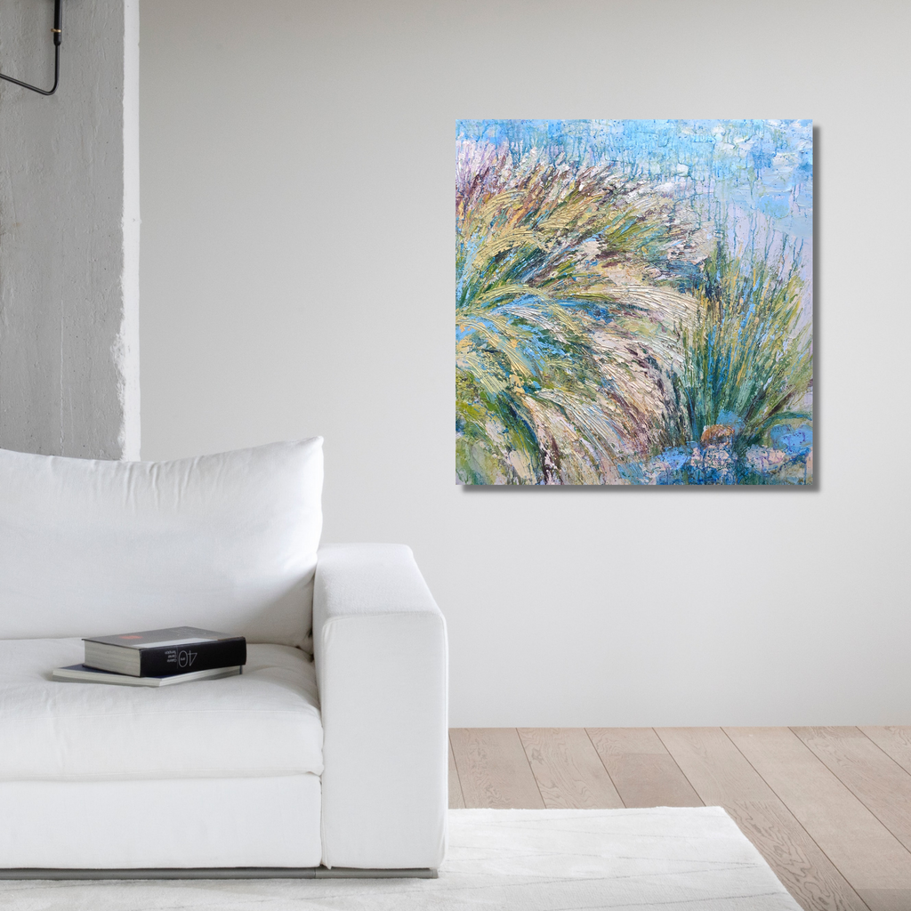 The artwork 'Italian Breeze' by Ayane Kurai features dynamic brushstrokes depicting windswept coastal grasses in vibrant teals and golds against a soft blue sky. The impressionistic oil painting captures movement through textured impasto technique, creating a sense of Mediterranean seaside atmosphere on a 36x36 inch canvas by Ayane Kurai.