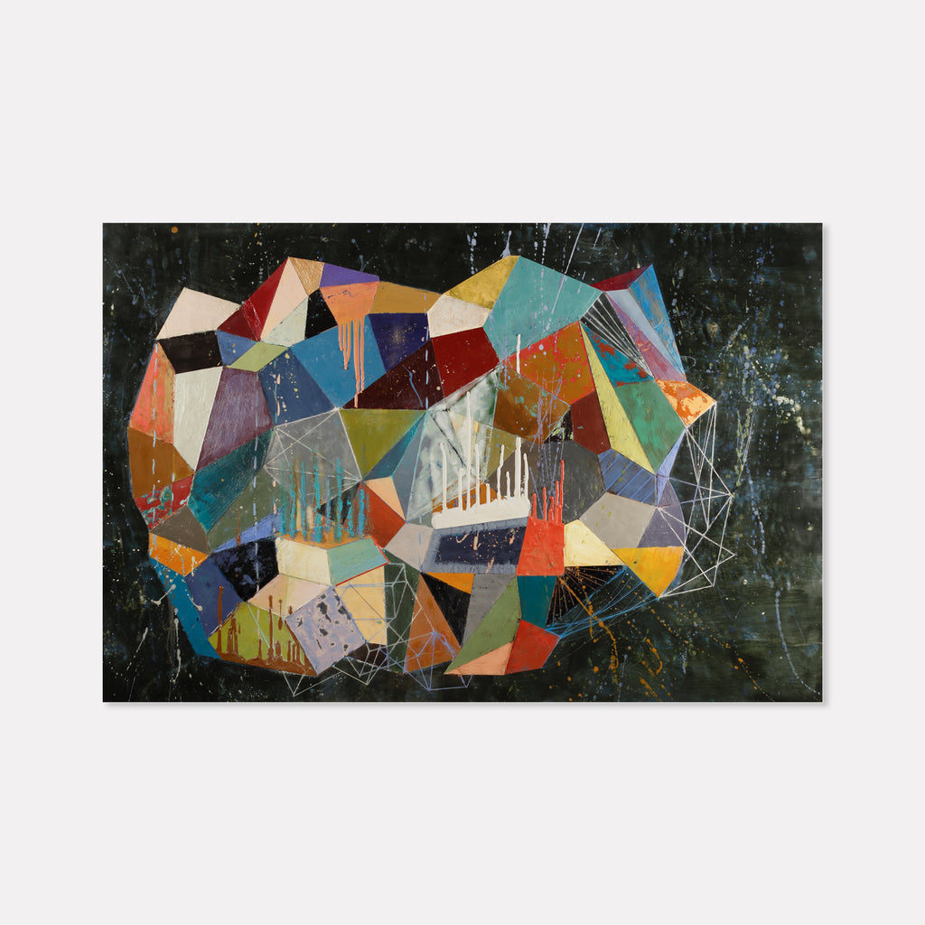 The artwork 'Ithaka' by Karen Nielsen-Fried features a dynamic geometric abstract composition with angular shapes in vibrant colors including turquoise, orange, red, and blue against a dark background. The encaustic and oil technique creates textural drips and layered effects, forming an intricate mosaic-like pattern of intersecting triangles and polygons on wood panel.