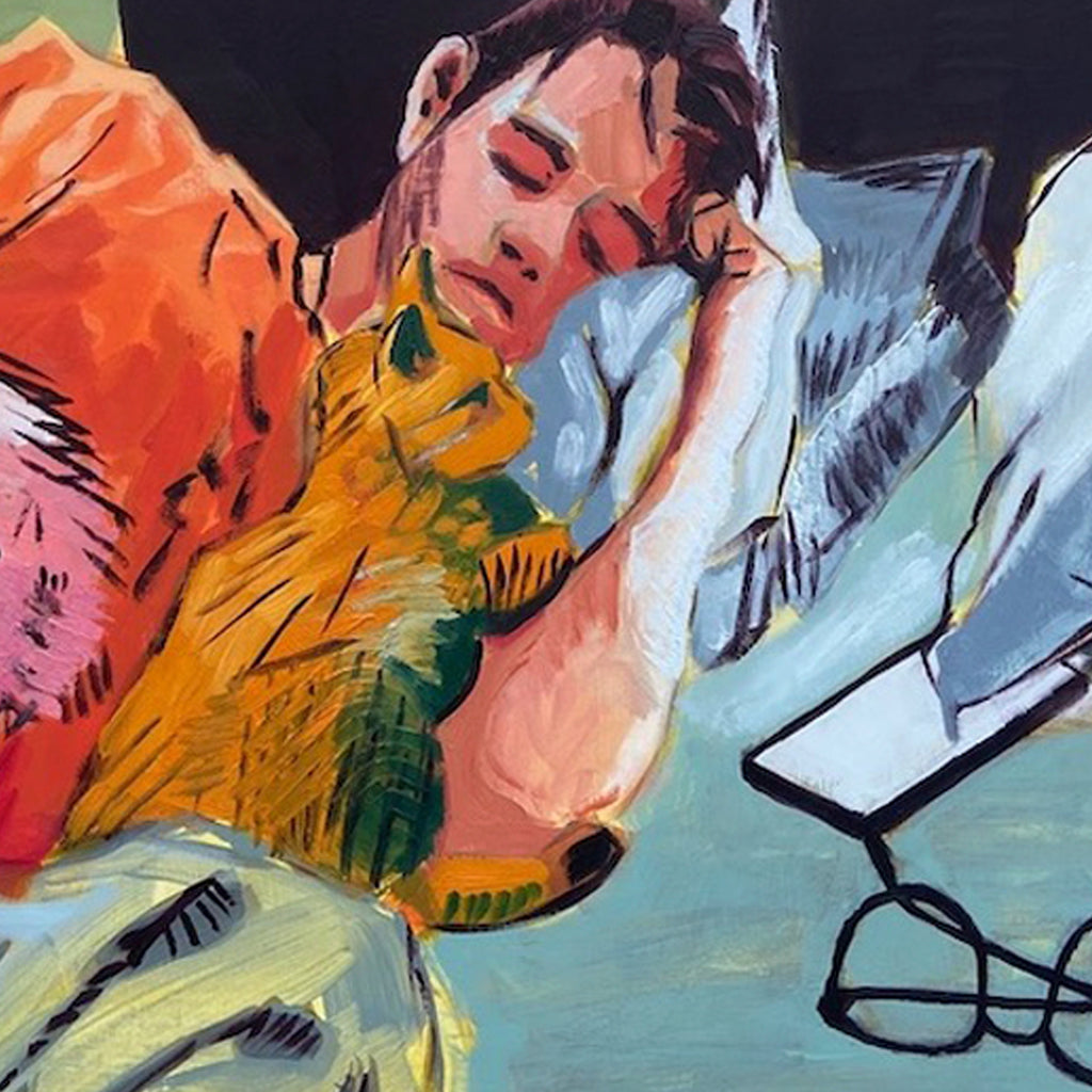 The artwork 'Matt, not feeling too hot' by James Kane depicts a resting figure with a ginger cat on a bed, rendered in expressive brushstrokes with vibrant orange, teal, and yellow hues. The oil painting on wood showcases loose, gestural painting style with mixed media elements, creating a tender domestic scene with strong color contrasts and dynamic composition. By James Kane.