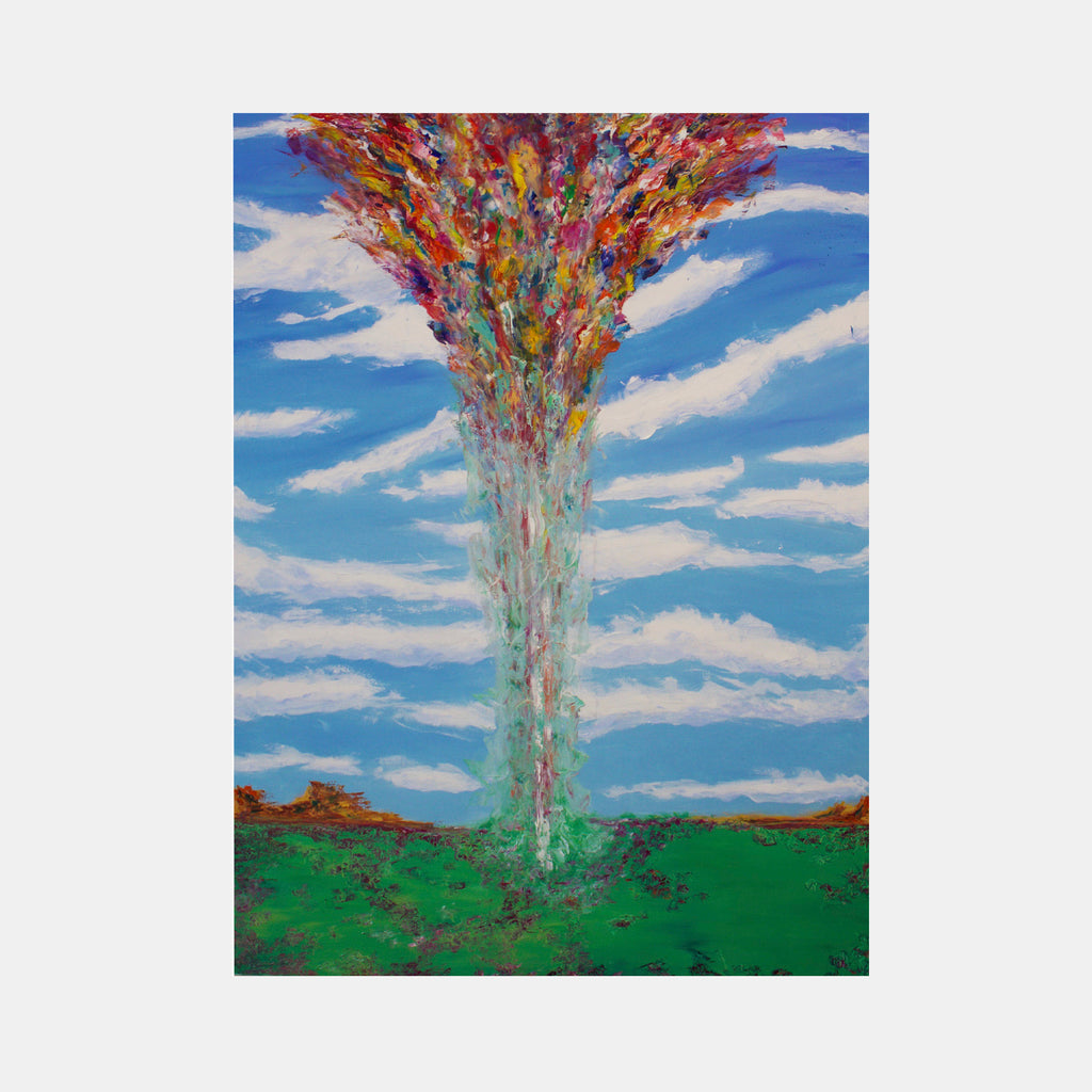 The artwork 'Dream of My Father's Heaven' by Jadie Meprivert features a towering abstract form bursting with vibrant reds, oranges, and multicolored pigments against a bright blue sky with white streaking clouds. The pillar emerges from a vivid green landscape, creating a dramatic vertical composition in oil on canvas, 60x40 inches. By Jadie Meprivert.