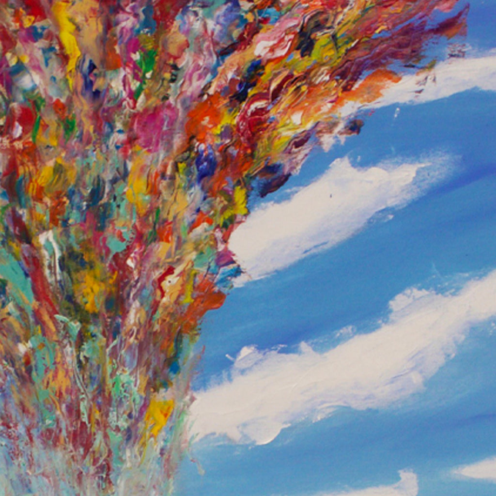 The artwork 'Dream of My Father's Heaven' by Jadie Meprivert features an explosive burst of vibrant colors against a serene blue sky with white clouds. A dynamic upward sweep of reds, yellows, oranges, pinks, and blues creates an abstract expression of ethereal energy. The oil painting's impasto technique adds rich texture, with colors blending and swirling in an impressionistic style. By Jadie Meprivert.