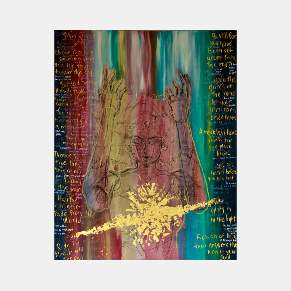 The artwork 'Surrender' by Jadie Meprivert features a central figure with raised hands amid vibrant turquoise and burgundy vertical streaks. Handwritten text frames the composition on both sides, while a striking gold leaf burst illuminates the lower center. Mixed media techniques blend ink drawings, oil paint textures, and metallic elements on a 72x60 inch canvas. - By Jadie Meprivert