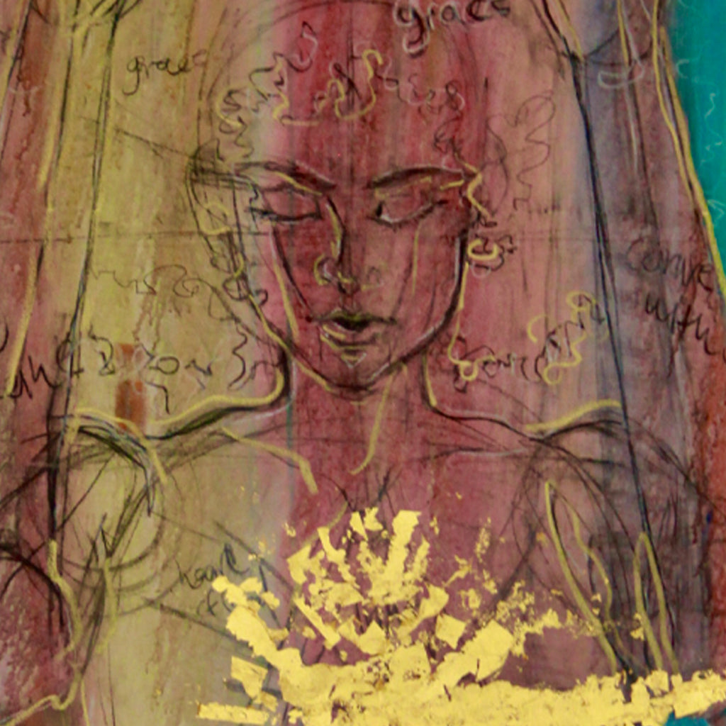 The artwork 'Surrender' by Jadie Meprivert features a serene figure rendered in mixed media against a warm background of pinks and golds. The composition showcases delicate ink lines and luminous gold leaf accents, creating an ethereal effect. Abstract swirls and textural elements complement the central figure, while rich burgundy and yellow tones merge in a contemplative oil painting.