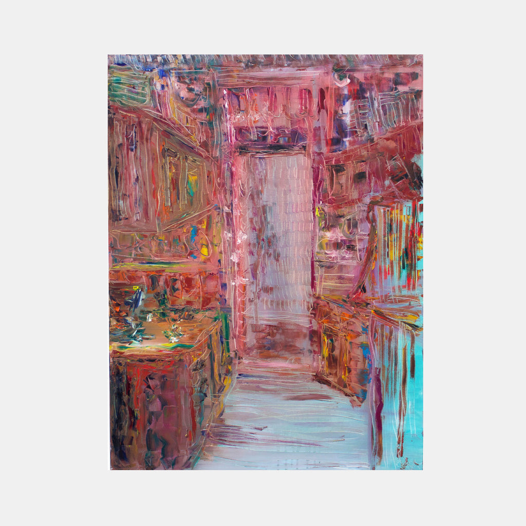 The artwork 'Miami's Kitchen' by Jadie Meprivert features a vibrant abstract kitchen scene rendered in expressive brushstrokes. Rich coral pinks and deep reds dominate the composition, with accents of turquoise and yellow. The oil painting captures the warmth of a bustling kitchen space through textured layers and dynamic vertical lines, creating depth and movement across the 40x30 inch canvas.