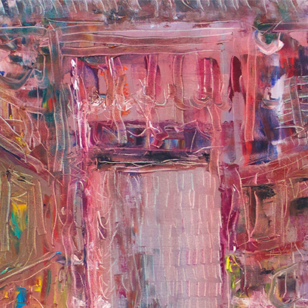 The artwork 'Miami's Kitchen' by Jadie Meprivert features an abstract expressionist composition with dynamic brushstrokes in vibrant pink and coral tones. Vertical drips and textured layers create depth, while touches of blue, yellow, and earth tones add contrast. The oil painting's energetic style suggests movement and architectural elements through bold gestural marks on canvas. By Jadie Meprivert.