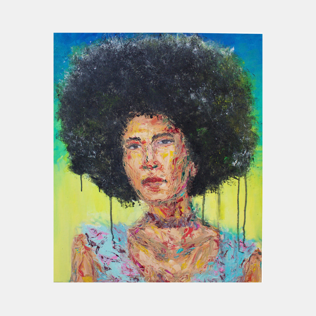 The artwork 'Self Portrait' features a vibrant oil painting with bold colors against a gradient background transitioning from turquoise to yellow. Distinctive textural brushstrokes create a powerful composition with an expressive style. A prominent black afro hairstyle with dripping paint effect stands against multicolored abstract elements and energetic paint application. By Jadie Meprivert.