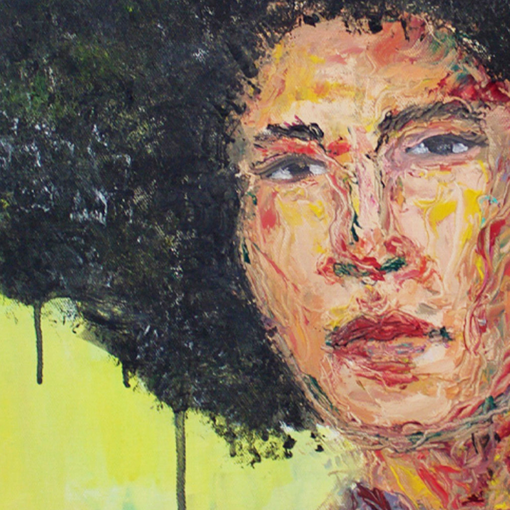 The artwork 'Self Portrait' by Jadie Meprivert features an expressive oil painting with bold brushstrokes in warm peachy tones against a vibrant yellow background. The portrait showcases textured impasto technique with dramatic black flowing elements, creating a powerful contemporary expressionist style. Oil on canvas, 18x22 inches.