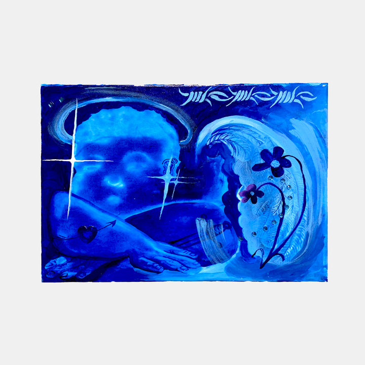 The artwork 'Mi Dulce Compañía' by Juan Arango Palacios features an ethereal composition in vivid electric blues. Abstract floral motifs and curved lines create a dreamlike atmosphere. Decorative rhinestones embellish the acrylic painting, adding sparkle to the flowing forms. The piece combines modern abstract style with delicate organic elements on canvas.