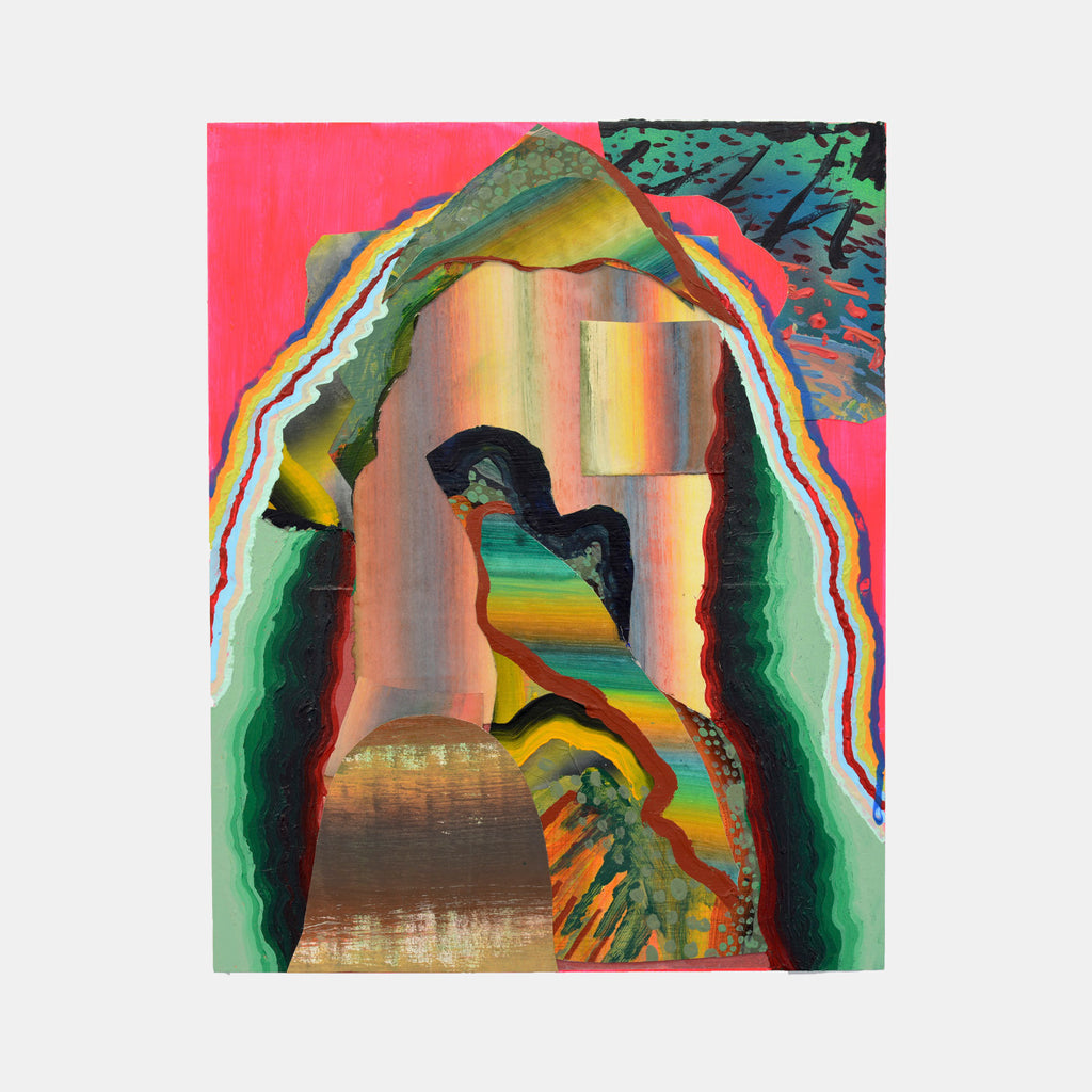 The artwork 'First There Is No, Then There Is, Find Within' features vibrant layers of abstract forms creating a cave-like structure. Swirling emerald greens blend with golden yellows and bright coral pink, while torn paper elements add dramatic textural depth. The acrylic painting on panel showcases a dynamic interplay of organic shapes and bold colors. By Jack Wood.
