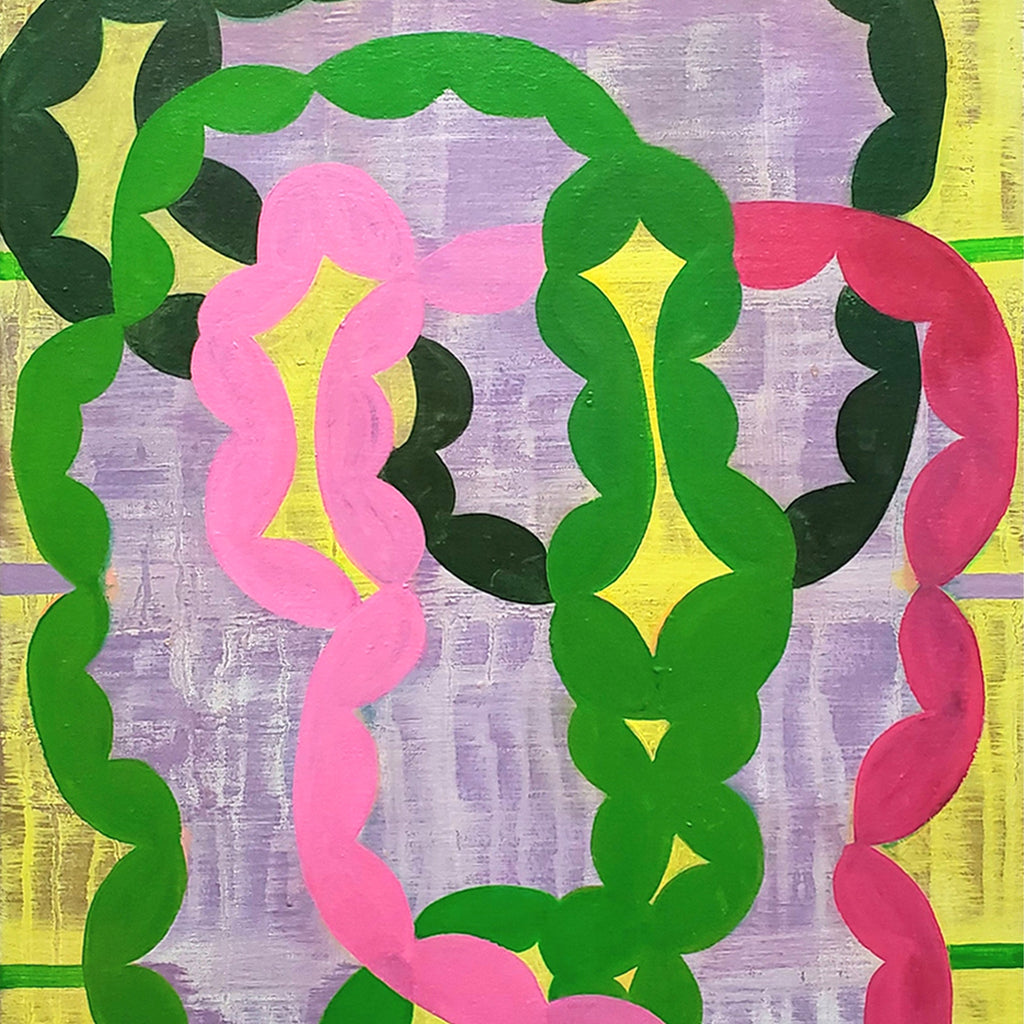 The artwork 'Cycle' by Jade Chan features interwoven curvilinear shapes in vibrant green, pink, and red against a soft lavender background. The oil painting showcases an abstract pattern of undulating forms with yellow accents, creating a rhythmic and dynamic composition on canvas. The organic, flowing lines suggest continuous movement and natural cycles.