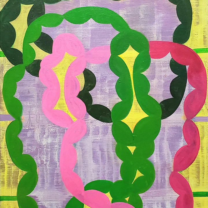 The artwork 'Cycle' by Jade Chan features interwoven curvilinear shapes in vibrant green, pink, and red against a soft lavender background. The oil painting showcases an abstract pattern of undulating forms with yellow accents, creating a rhythmic and dynamic composition on canvas. The organic, flowing lines suggest continuous movement and natural cycles.