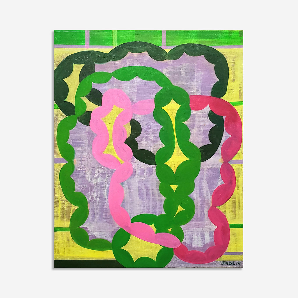 The artwork 'Cycle' features an abstract composition with sinuous green curves intertwining with pink and red wavy forms against a textured lavender and yellow background. Bold organic shapes create a continuous flowing pattern, reminiscent of natural cycles. Oil on canvas artwork showcasing vibrant color contrasts and rhythmic movement. By Jade Chan.