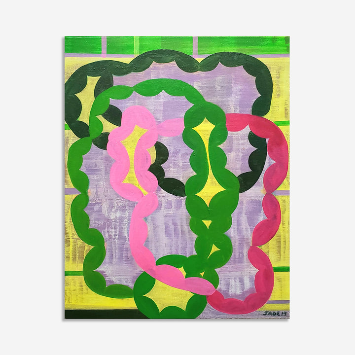 The artwork 'Cycle' features an abstract composition with sinuous green curves intertwining with pink and red wavy forms against a textured lavender and yellow background. Bold organic shapes create a continuous flowing pattern, reminiscent of natural cycles. Oil on canvas artwork showcasing vibrant color contrasts and rhythmic movement. By Jade Chan.