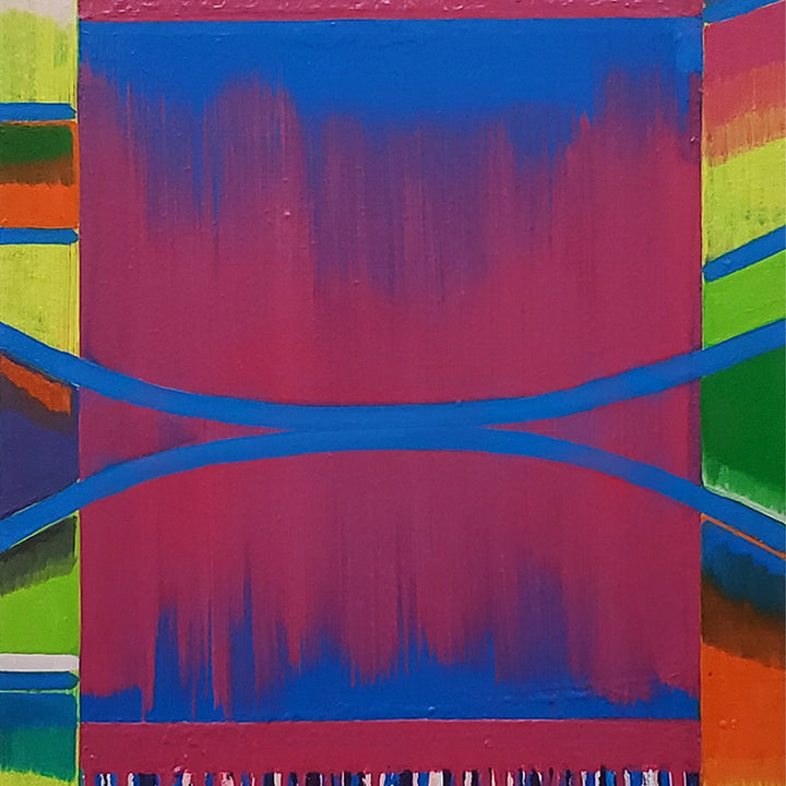 The artwork 'Frequency' by Jade Chan features a vibrant composition with a dominant magenta center panel bordered by electric blue curved lines. Neon green and orange geometric shapes frame the edges, creating dynamic movement. The oil and mixed media texture shows intentional dripping effects, suggesting rhythm and sound waves in an abstract expressionist style.