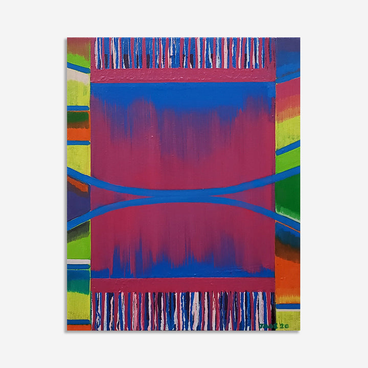 The artwork 'Frequency' by Jade Chan features vibrant abstract composition with dripping vertical lines in white and blue framing a deep magenta center. Bold geometric shapes in electric green and orange create dynamic side panels, while curved blue bands intersect the central field, creating a rhythmic visual frequency. Oil and mixed media on canvas produces rich textural elements and dynamic color interactions.