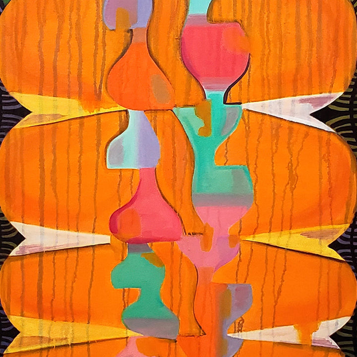 The artwork 'Radiant Charge' by Jade Chan features abstract geometric shapes in vibrant orange, turquoise, and coral pink. Bold vertical forms create a symmetrical pattern, with flowing lines reminiscent of organic vessels or silhouettes. The oil painting showcases a dynamic interplay of warm and cool tones against a layered textural background. - By Jade Chan