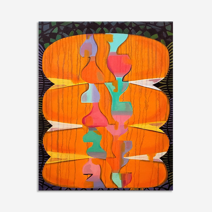 The artwork 'Radiant Charge' features vibrant orange horizontal segments with flowing abstract forms in turquoise, pink, and lavender. A central vertical column of organic shapes creates a symmetrical composition against a dark geometric background, showcasing a modern abstract style in oil on canvas by Jade Chan.
