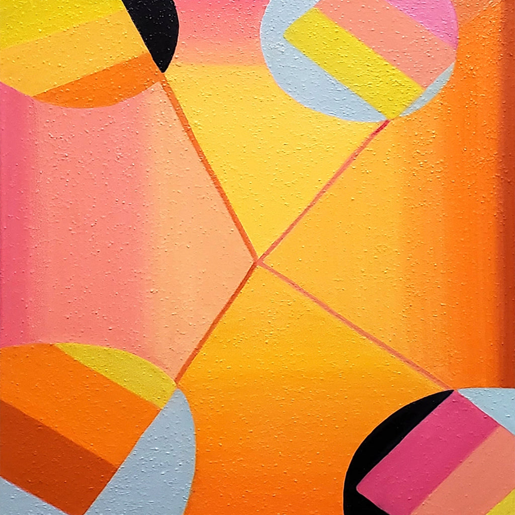 The artwork 'Revolving' by Jade Chan features vibrant geometric composition with intersecting diagonal lines across an orange-dominated canvas. Abstract circular segments in yellow, pink, and light blue create dynamic movement, while black accents add depth. The oil and mixed media technique creates a textured surface with a modern, minimalist aesthetic.