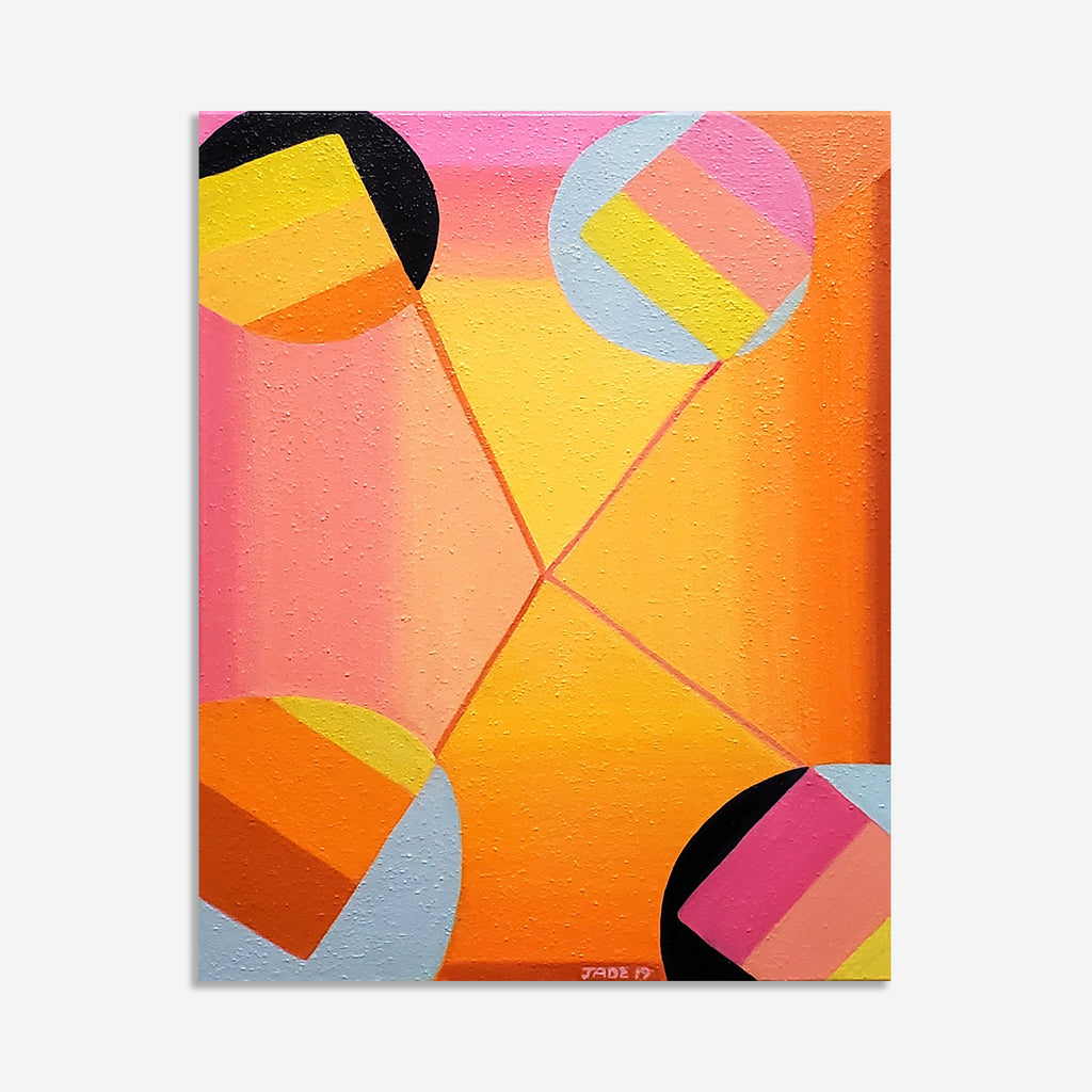 The artwork 'Revolving' by Jade Chan features vibrant geometric shapes in a modern abstract composition. Intersecting diagonal lines connect four circular segments with color blocks in yellow, orange, pink, and powder blue, creating a dynamic sense of movement against a warm gradient background. Oil painting texture and mixed media elements add depth and dimension to the 27x20 inch canvas.