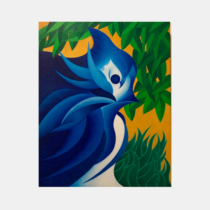 The artwork 'Jaybird Morning' by Joe Piscopia features a stylized blue jay in bold geometric shapes against a golden background. Vibrant emerald green foliage frames the bird's flowing form, created with smooth acrylic brushstrokes. The bird's sleek curves and layered feathers are rendered in deep azure and white, showcasing a modernist interpretation on canvas.