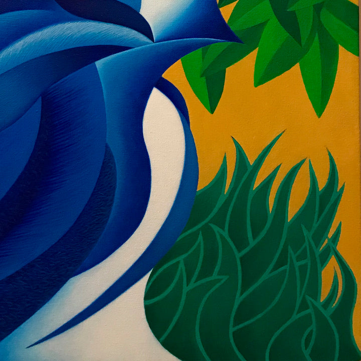 The artwork 'Jaybird Morning' by Joe Piscopia features bold, curving waves in deep blue tones contrasting with vibrant green tropical foliage against a warm golden background. The abstract composition showcases fluid, organic shapes in acrylic on canvas, creating a dynamic interplay between ocean and jungle elements. 20x16 inches.
