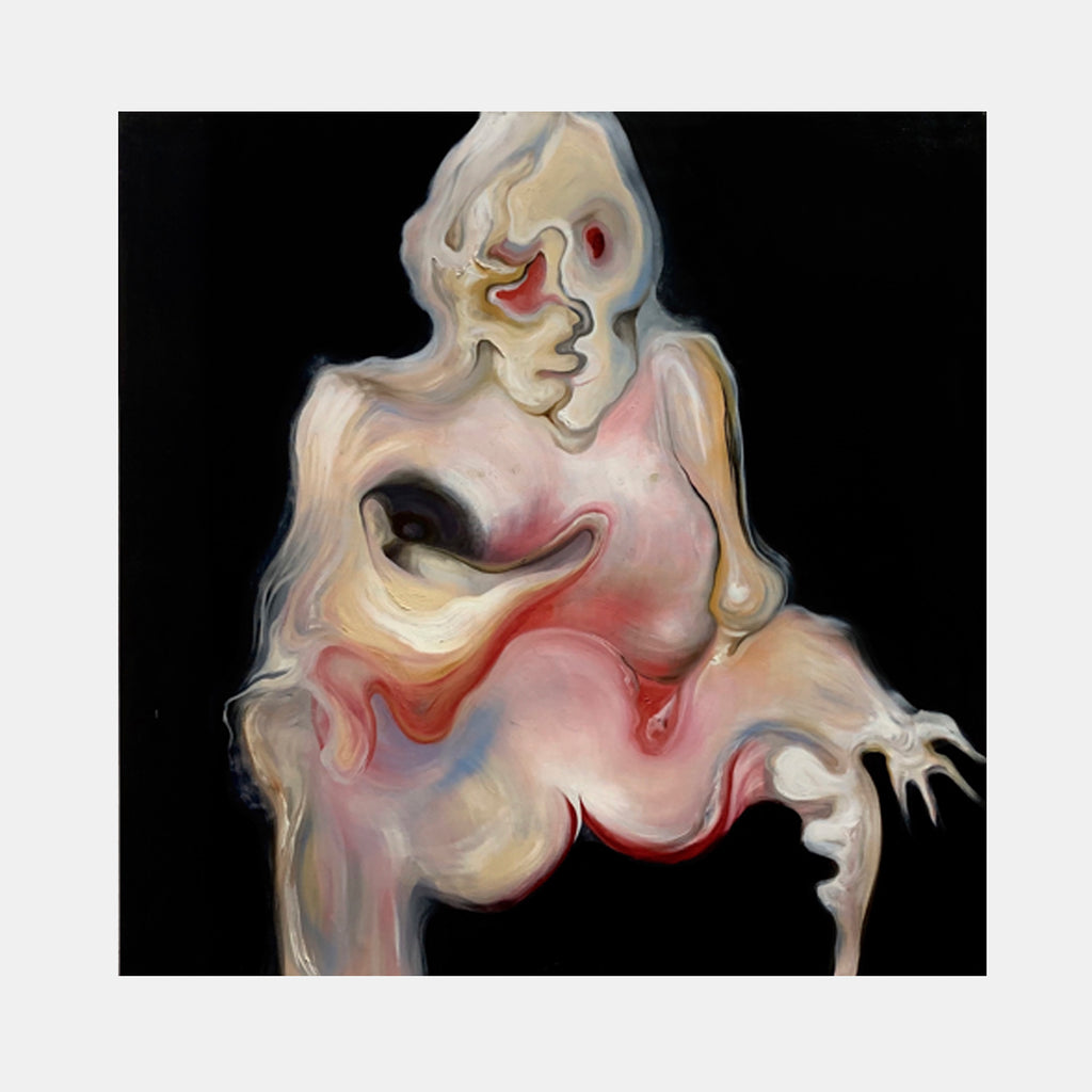 The artwork 'Jennifer' by Yana Ushakova features an abstract fluid composition in soft flesh tones, cream, and crimson against a black background. The oil painting showcases flowing, organic shapes creating a dynamic movement, with swirling textures that blend seamlessly across the 36x36 inch canvas. The artwork exhibits a contemporary expressionist style with ethereal qualities.