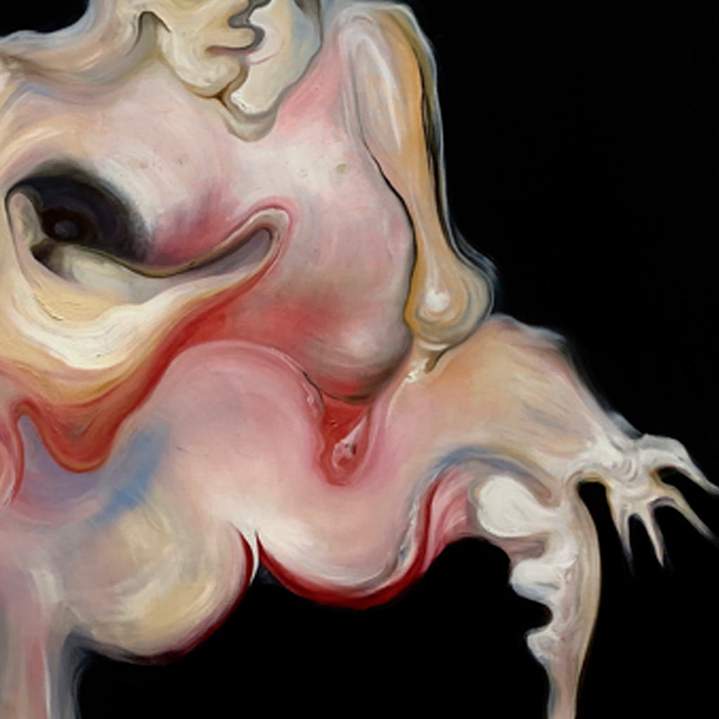 The artwork 'Jennifer' by Yana Ushakova features fluid abstract forms in soft pink, cream, and pale blue tones against a deep black background. The oil painting showcases swirling, organic shapes that create a dynamic movement across the canvas, resembling liquid motion. The contrasting colors and smooth blending technique create a dreamy, ethereal composition. By Yana Ushakova.