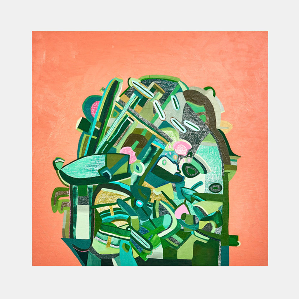 The artwork 'Joyful Reunion in Springtime' by Sasha Hallock features an abstract composition dominated by vibrant green geometric shapes interweaving against a warm coral background. Mixed media technique combines acrylic and oil, creating textured layers and dynamic forms that suggest organic movement and growth. Angular and curved elements in varying shades of emerald, mint, and forest green create a rhythmic pattern.