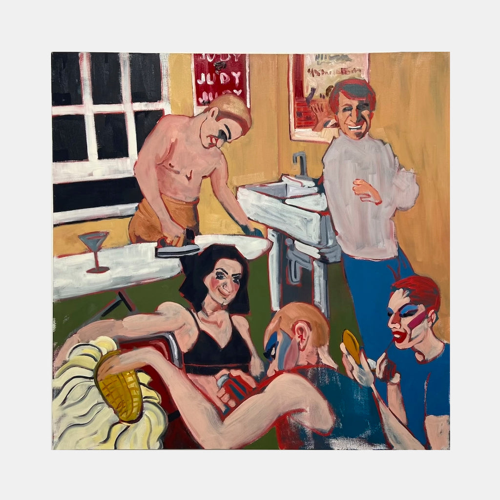 The artwork 'Judy judy judy' by James Kane depicts a vibrant social scene in an interior setting with expressive brushstrokes. The oil painting features figures gathered around in casual attire, rendered in bold colors including deep blues, warm beiges, and rich reds. The composition shows a modern, loose painting style with strong gestural elements against a warm-toned background, measuring 45x45 inches on canvas. By James Kane.