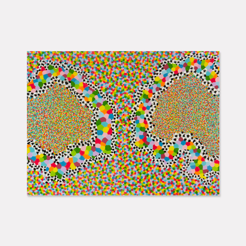 The artwork 'Juggle' by Lori Kirkbride features a vibrant abstract composition with kaleidoscopic dots and circular patterns. Rainbow-colored dots create flowing pathways bordered by black and white spotted edges, weaving through dense fields of multicolored speckles. Created with acrylic polymer and resin on panel, measuring 72x96 inches.